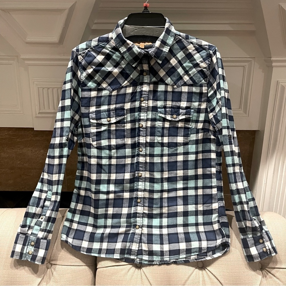 BL: Jachs Girlfriend Snap Front Plaid Flannel Shirt Womens M Blue Bea Button Up